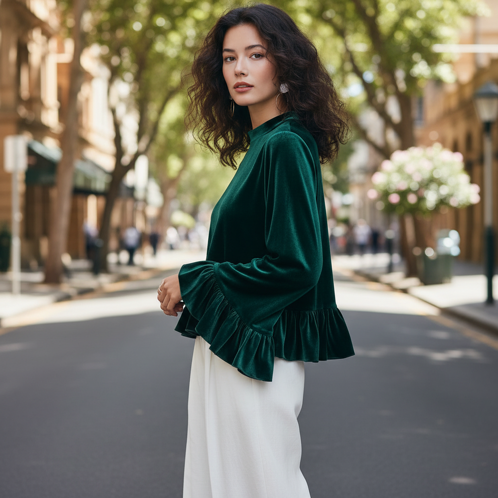 Fløyelsbluse med Volanger | Damebluse til Kveldsbruk