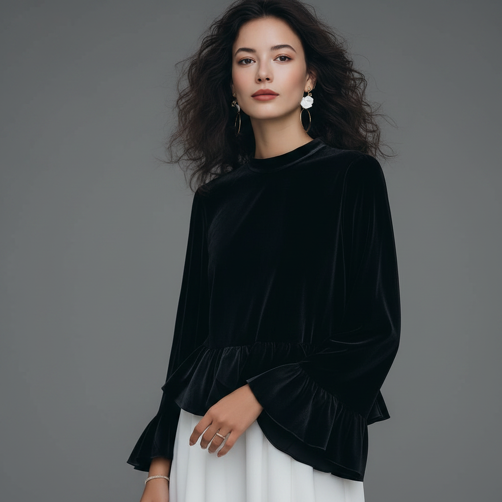 Fløyelsbluse med Volanger | Damebluse til Kveldsbruk