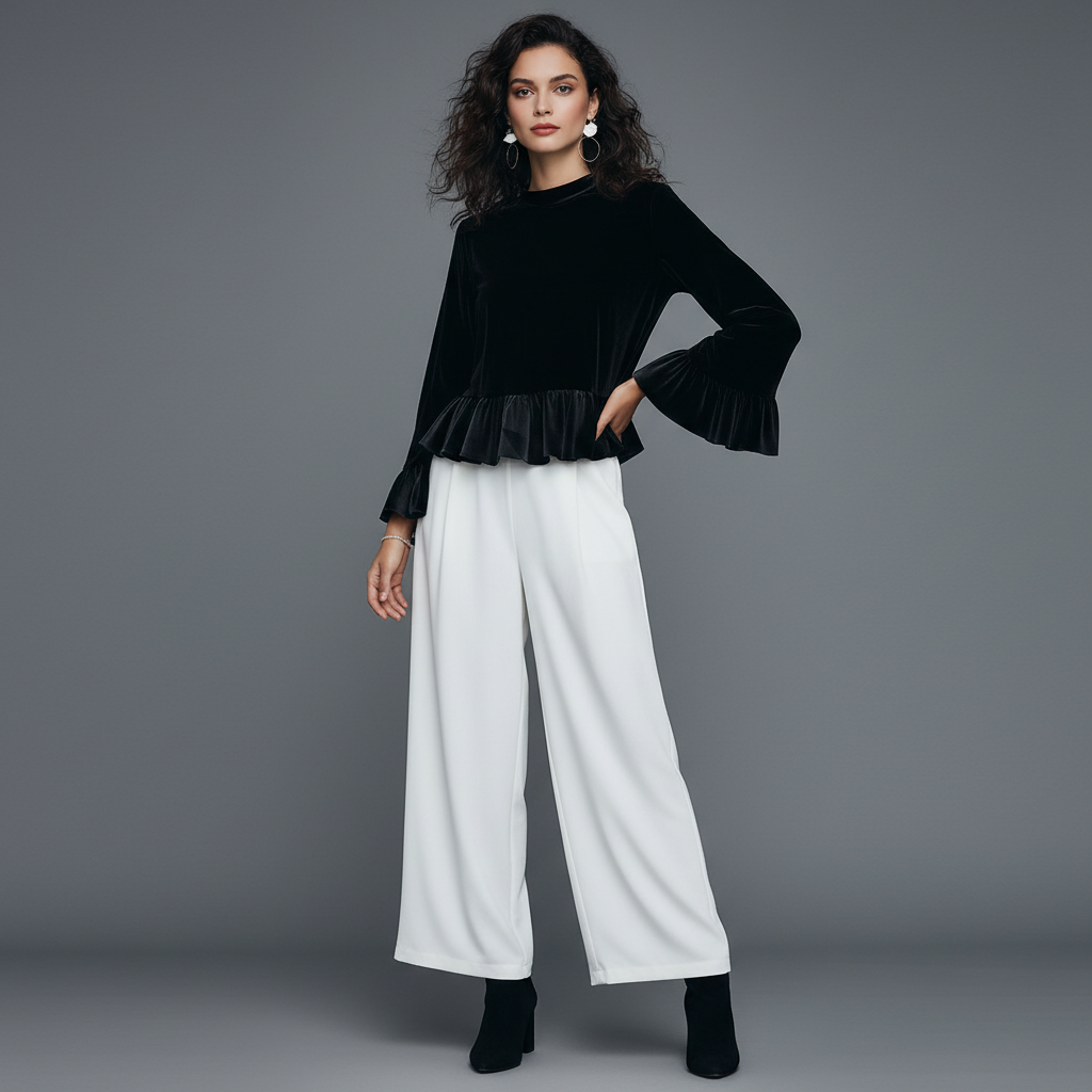 Fløyelsbluse med Volanger | Damebluse til Kveldsbruk