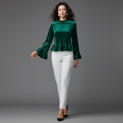 Fløyelsbluse med Volanger | Damebluse til Kveldsbruk