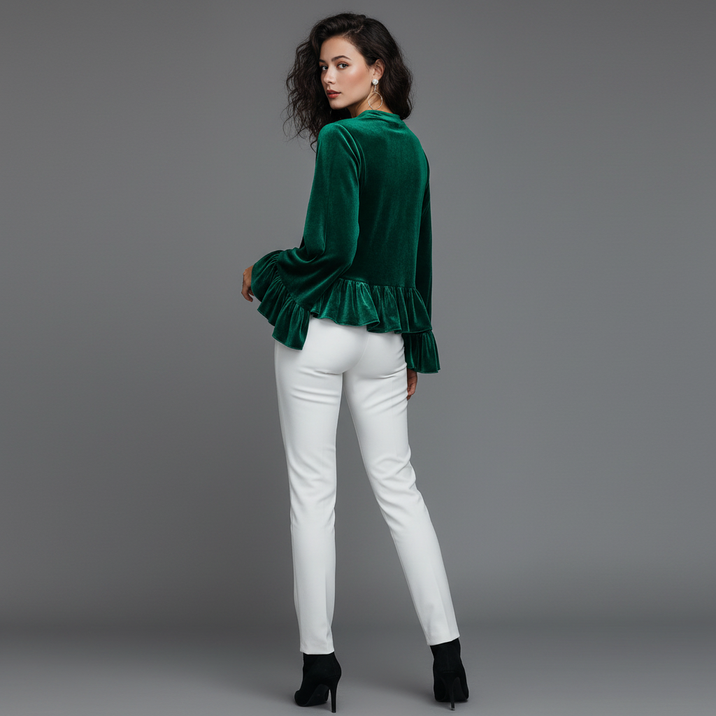 Fløyelsbluse med Volanger | Damebluse til Kveldsbruk