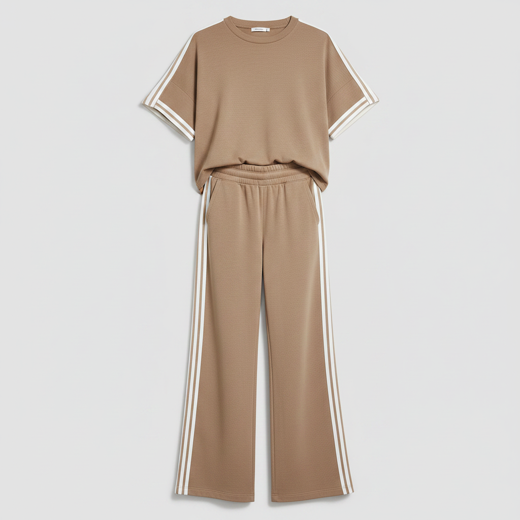 Khaki Sportsett med Stripete Trim | T-skjorte og Bukser