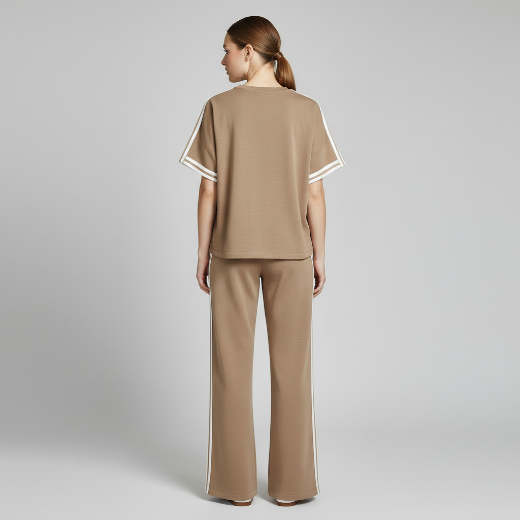 Khaki Sportsett med Stripete Trim | T-skjorte og Bukser