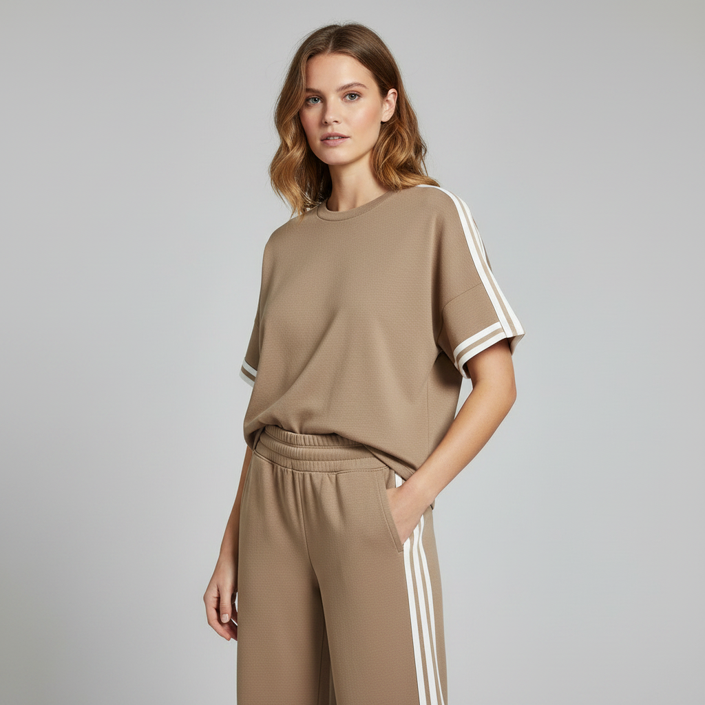 Khaki Sportsett med Stripete Trim | T-skjorte og Bukser