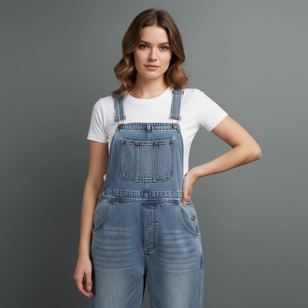 Retro Vasket Denim Buksedress Dame | Casual Buksedress