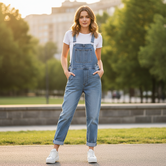 Retro Vasket Denim Buksedress Dame | Casual Buksedress
