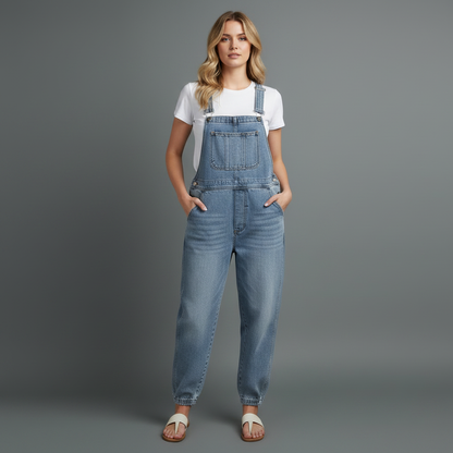 Retro Vasket Denim Buksedress Dame | Casual Buksedress