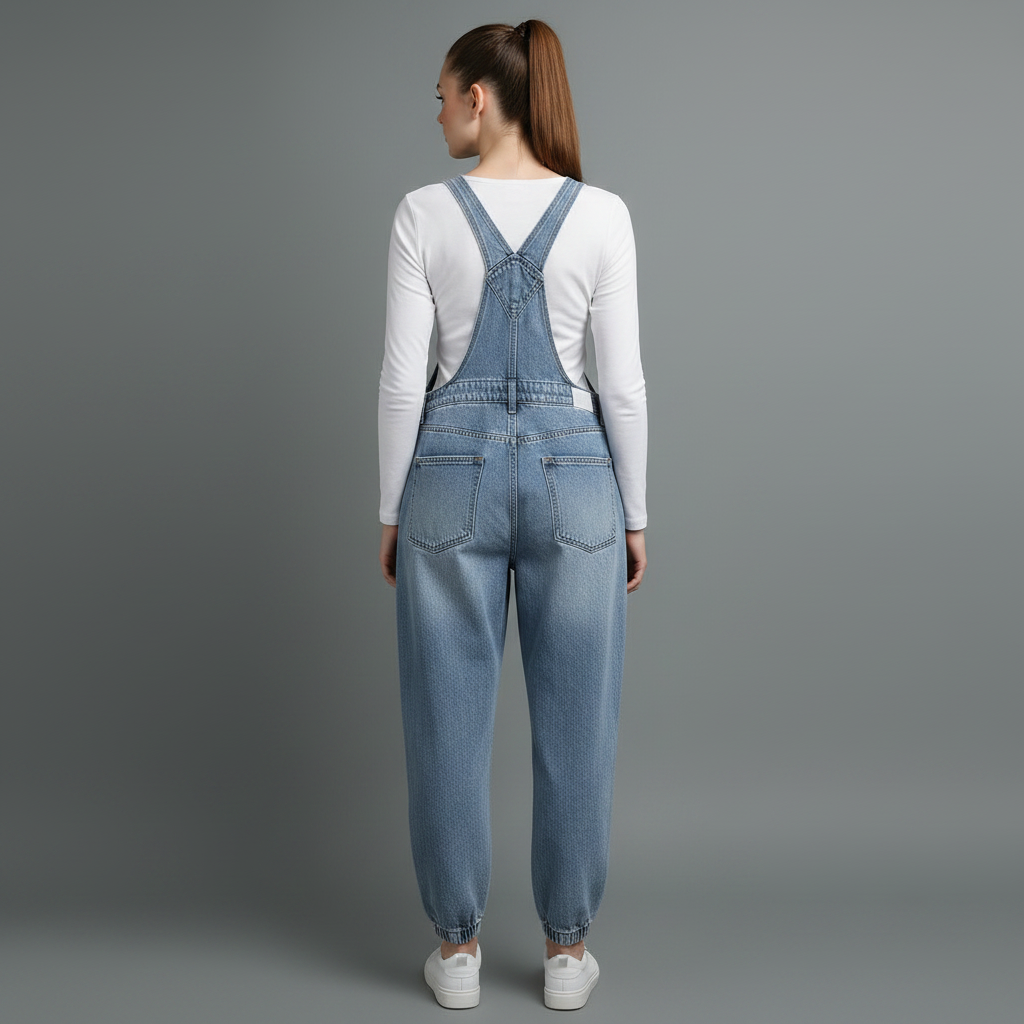 Retro Vasket Denim Buksedress Dame | Casual Buksedress