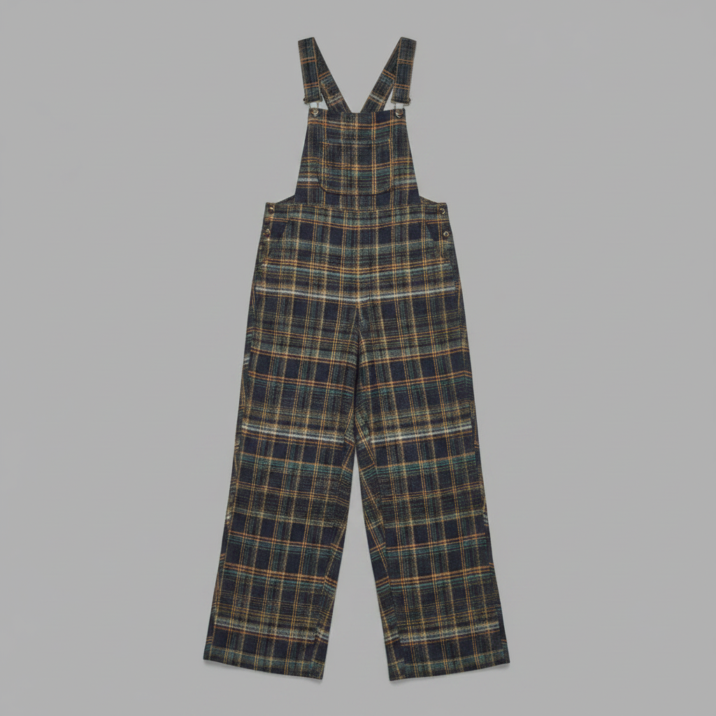 Retro Blå Rutete Kjeledress | Løs Passform med Brede Ben