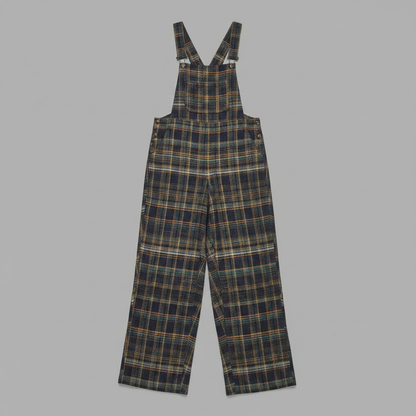 Retro Blå Rutete Kjeledress | Løs Passform med Brede Ben