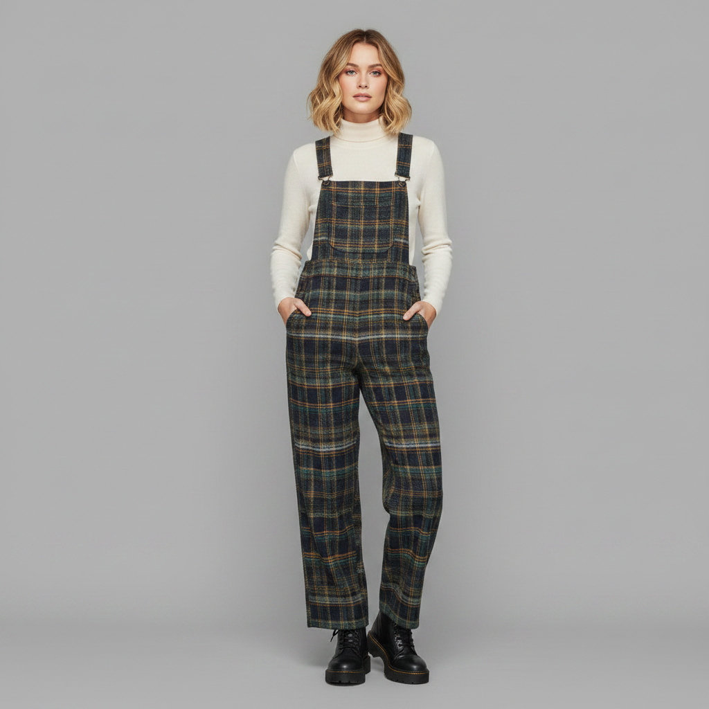 Retro Blå Rutete Kjeledress | Løs Passform med Brede Ben
