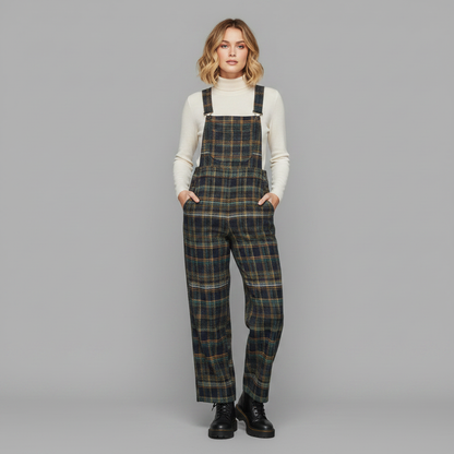 Retro Blå Rutete Kjeledress | Løs Passform med Brede Ben