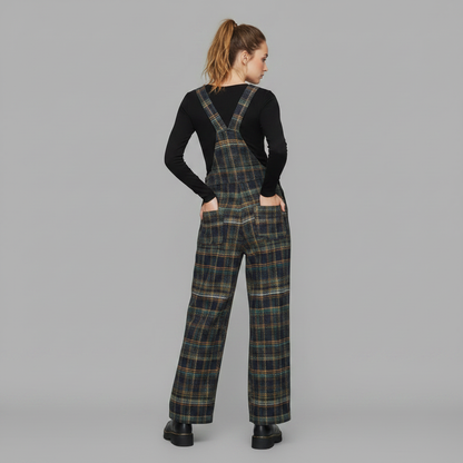 Retro Blå Rutete Kjeledress | Løs Passform med Brede Ben