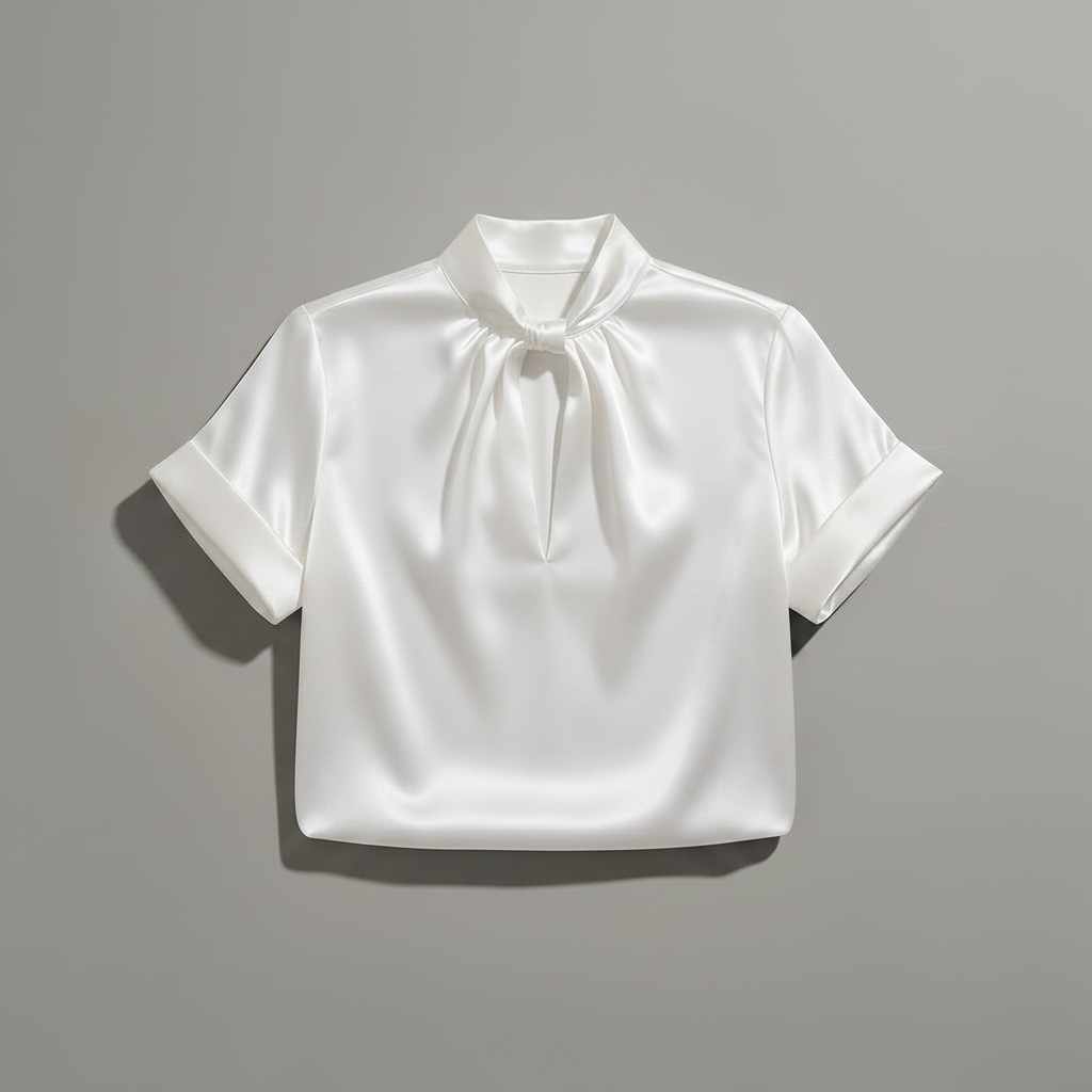 Hvit Satengbluse med Nøkkelhullshals | Damebluse
