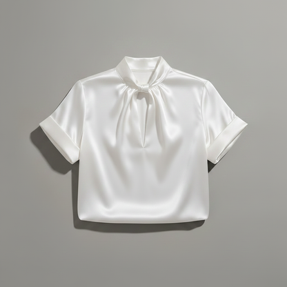 Hvit Satengbluse med Nøkkelhullshals | Damebluse
